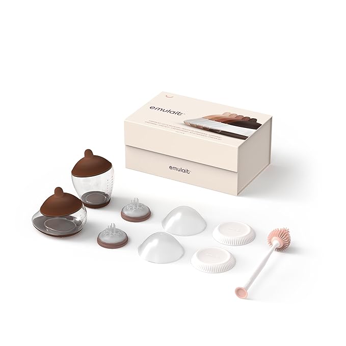 Emulait Baby Bottle Starter Kit Includes 2 Bottles 2 Nipples 2 Caps 2 Lids 2 Responsive Flow Valves, Cleaning Brush - Deep - Shape 4 (Most Common)-RFV