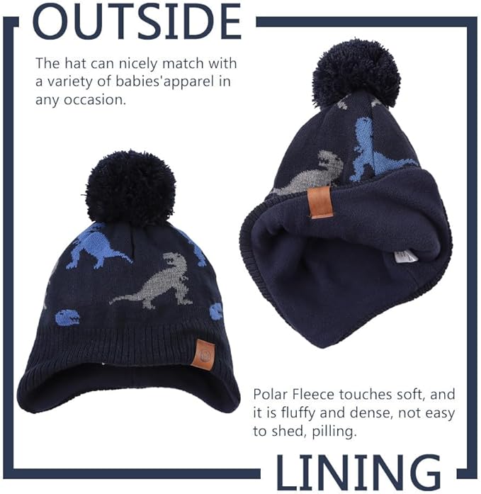 JANGANNSA Knitted Baby Hat Scarf Set Winter Warm Boys Girls Beanie Fleece Lining Toddler Kids Hats with Pompom