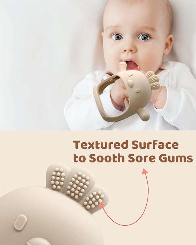 3 Packs Baby Teething Toy Silicone Teething Mitten for Babies Over 3 Months Anti Dropping Wrist Hand Teethers Baby Chew Toys for Sucking Needs, BPA Free (Olive, Caramel & Blue)