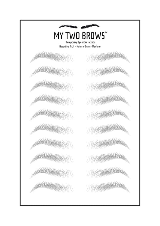 (10 pairs) Natural Gray Temporary Eyebrow Tattoo - Medium Size - Waterproof & Smudgeproof - Assertive Arch Style Eyebrow Stickers - Sheet Lasts up to 30 Days - Won't Work on Existing Brows