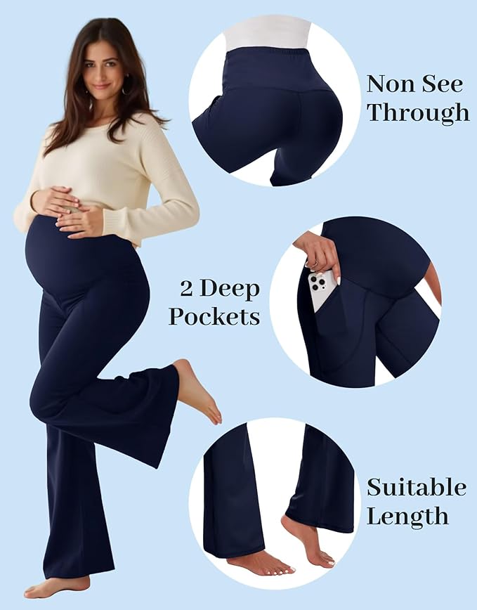 Fotociti Maternity Flare Leggings with Pockets, Women’s Soft Pregnancy Pants Over The Belly For Yoga Workout Active