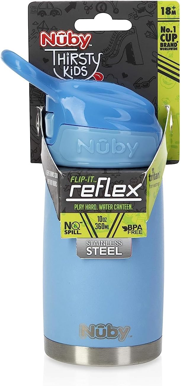 Nuby Thirsty Kids No Spill Flip-It Reflex Stainless Steel Travel Cup or Water Bottle - 10 Oz - 18+ Months - Blue - Back to School Essentials (Pack of 12)