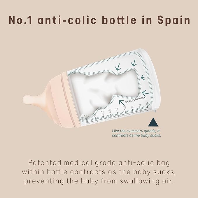 Suavinex Zero Zero Anti Colic Baby Bottle, No 1 Spanish Baby Bottle Brand, Minimizes Bottle Rejection & Nipple Confusion, Perfect for Breastfeeding Babies, Medium Flow, Fair Tone, 4 Pk 9 oz