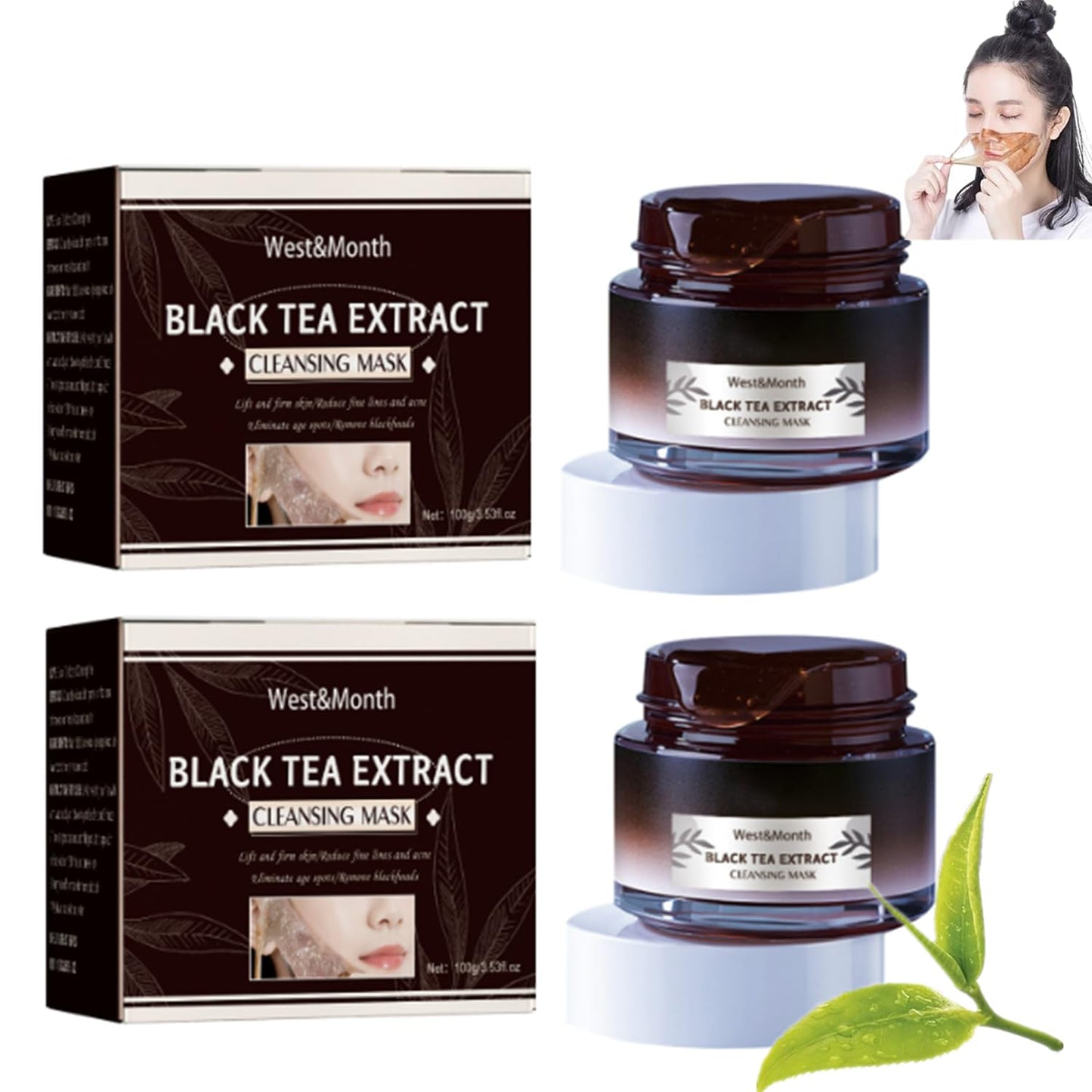 2PC Soly Black Tea Face Mask, Skinning Peel off Mask with Black Tea extracts, Deep Cleansing Pores, Remove Blackheads, Oil Control, Moisturizing for All Skin Types