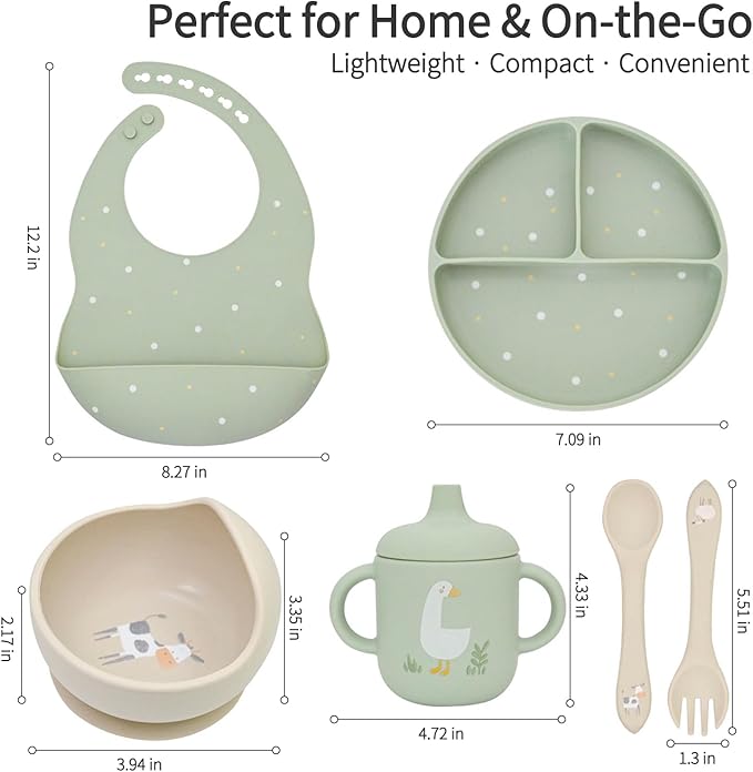 Little Rawr Baby Led Weaning Bundle, 100% Silicone Baby Feeding Set Includes Divided Plate, Suction Bowl, Straw Cup, Bib, Spoon & Fork, Develops Self Feeding Skills, Dishwasher Safe (Green)