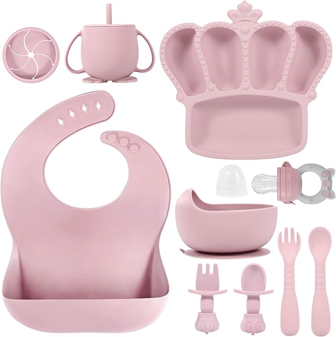 Silicone Baby Feeding Set 10 Pcs Baby Led Weaning Supplies Suction Bowl Divided Plate Baby Bibs Fruit feeder Pacifier Baby Spoons Forks Sippy Cup Utensil Sets Baby Essentials for Newborn Gift Pink