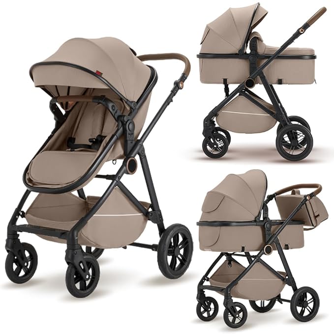 2 in 1 Baby Stroller, High Landscape Infant Stroller Pram Foldable Pushchair with Adjustable Canopy, Storage Basket,5-Point Harness,Mom Bags (Brown)