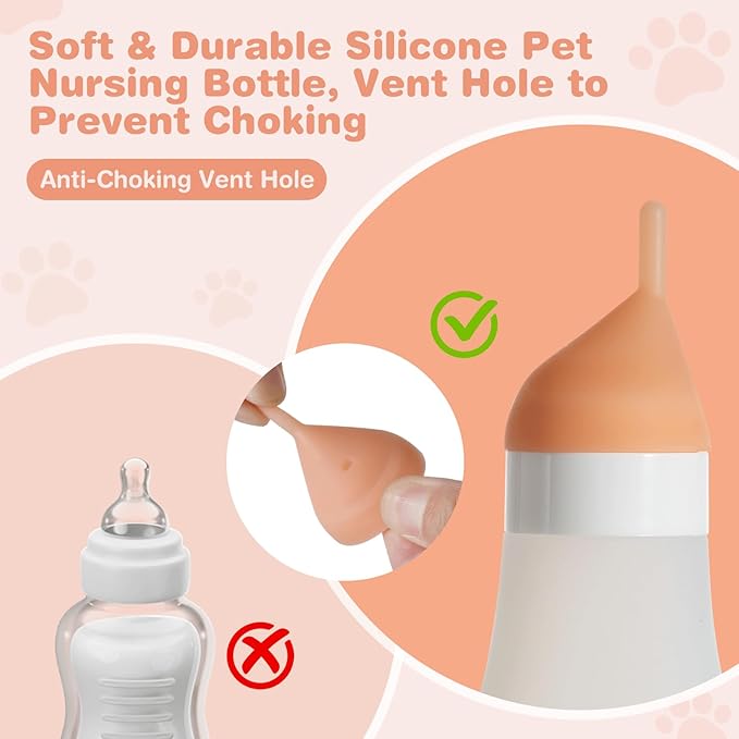 Kitten Bottle Feeding Kit, Soft Silicone Squeezable Puppy Bottles for Adjustable Milk Flow with Replacement Nipple & Syringe, Newborn Puppy & Kitten Milk Feeder(White, 3.2fl oz)