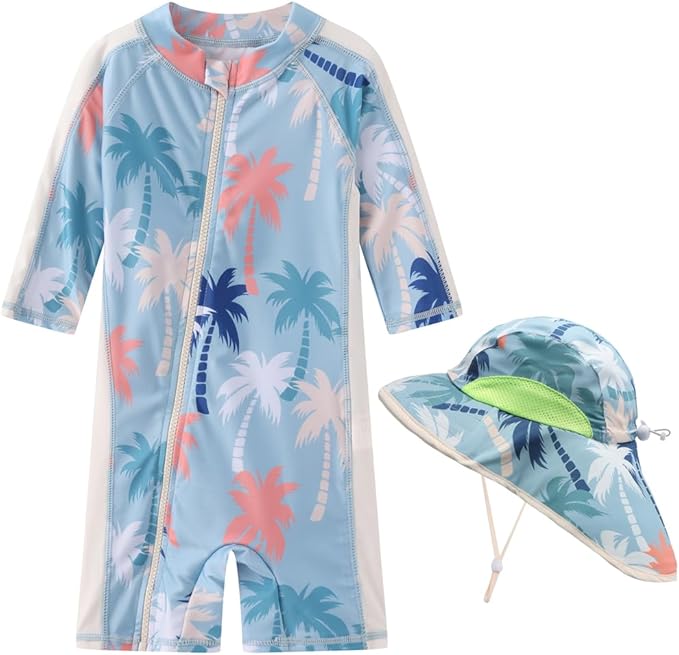 Toddler Baby Boys Swimsuit Rashguard One Piece Zipper Bathing Suit with Sun Hat Infant Swimwear Sunsuit UPF 50+