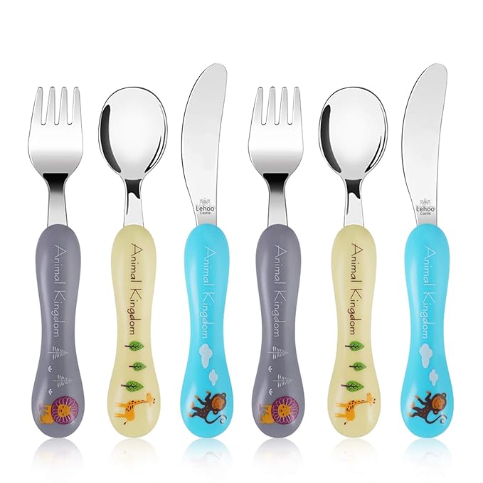 Lehoo Castle 6 Pieces Toddler Utensils, Kids Silverware for 2 3 4 Years Old, Stainless Steel Knife Fork and Spoon Set with Plastic Handle, Safe Toddler Cutlery (Animal)