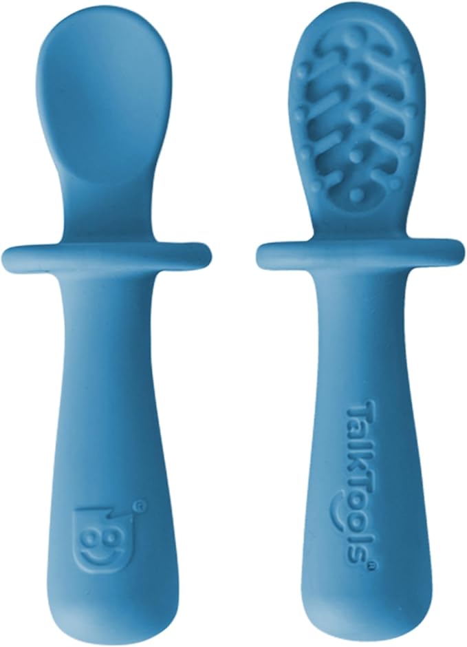 TalkTools ITSY Tiny Silicone Spoons – Twin Pack Soft Silicone Self-Feeding Training Spoons for Kids & Toddlers, Anti-Choking Flange Guard and Non-Slip Handle (Ocean)