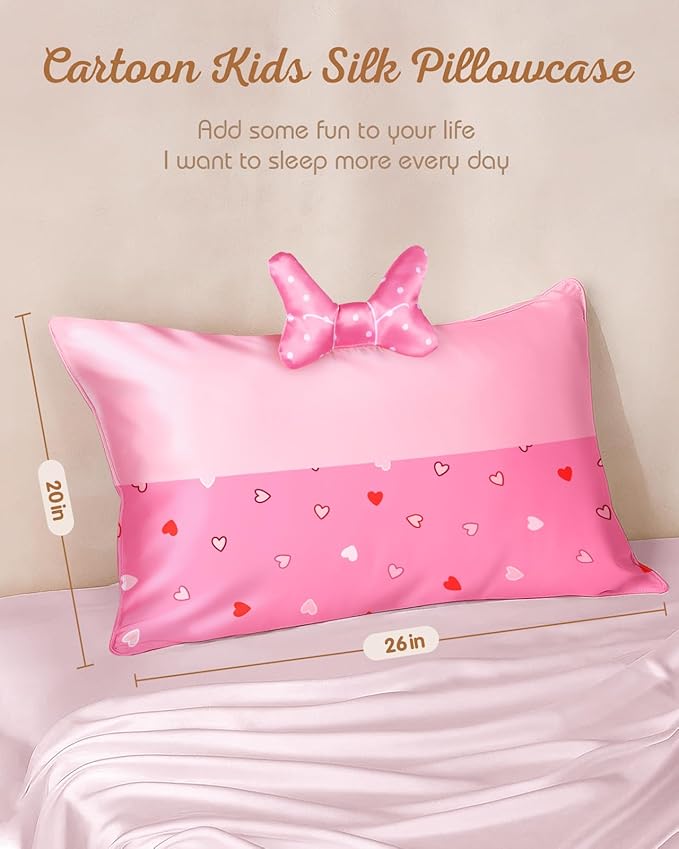 Kids Pillowcases Standard Size 20"x26" - Cute Cartoon Soft Breathable Silk Pillow Cases for Hair and Skin with Hidden Zipper for Women Girls Fun Kawaii Design for Bedding, Point Bow