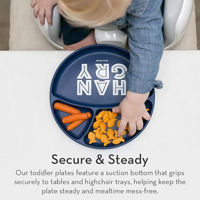 Bella Tunno Suction Plate for Babies & Toddlers, Self-Feeding Dish for Baby Led Weaning, Silicone Divided Plate, Sticks to Highchair Trays & Tables, Microwave & Dishwasher Safe, What’s on the Menu