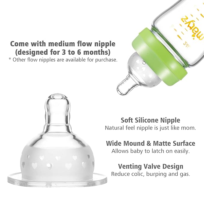 Matyz 8 Ounce Glass Baby Feeding Bottle With Nipple - Light and Slim, Easy to Hold and Clean - Food Grade Borosilicate Glass, Wide Neck for Breastmilk Feeding, No BPA (Green Lids)