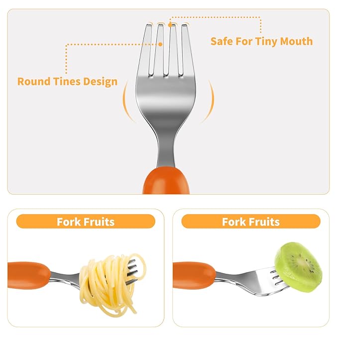 Lehoo Castle 6 Pieces Toddler Utensils, Kids Silverware for 2 3 4 Years Old, Stainless Steel Knife Fork and Spoon Set with Plastic Handle, Safe Toddler Cutlery (Orange)