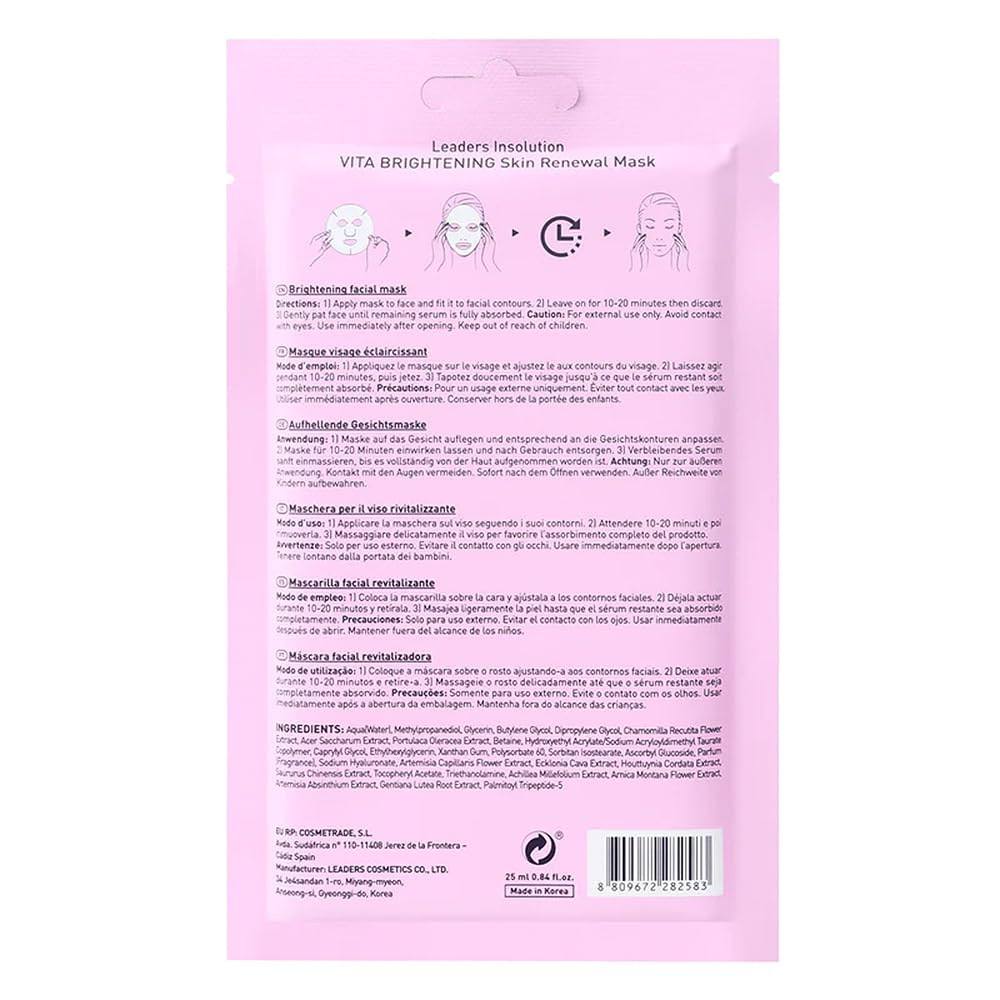 Leaders Insolution VITA Brightening Skin Renewal Mask | Vitamin C & Niacinamide for Dark Spot Reduction and Luminous Glow | 100% Natural Cotton Sheet for Dull Skin (10 Sheets)