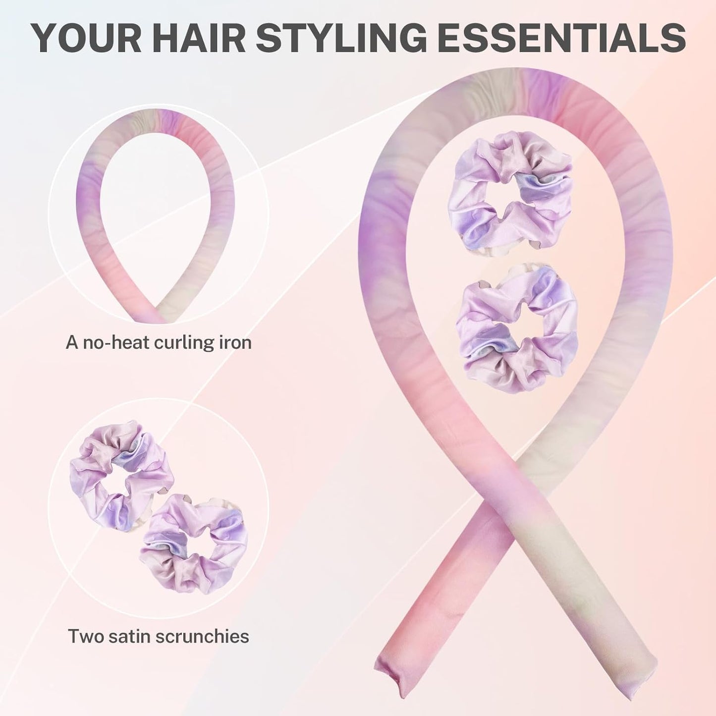 Satin Heatless Curling Set,Overnight Curls Hair Rollers with Hair Scrunchies,Sleep-Friendly Damage-Free Curlers for Soft Natural Waves (Rainbow)