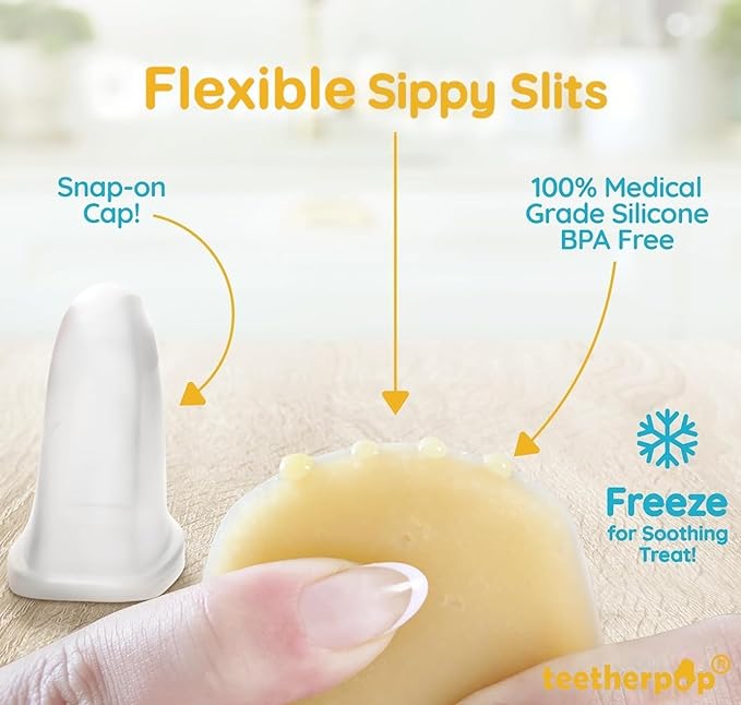Teetherpop Fillable Silicone Teether for Babies – Breastmilk Popsicle Molds for Teething with Spill-Proof Sippy Slits – Freezable Baby Teethers for Liquids & Purées - Cooling Relief (4-Pack-Blues)