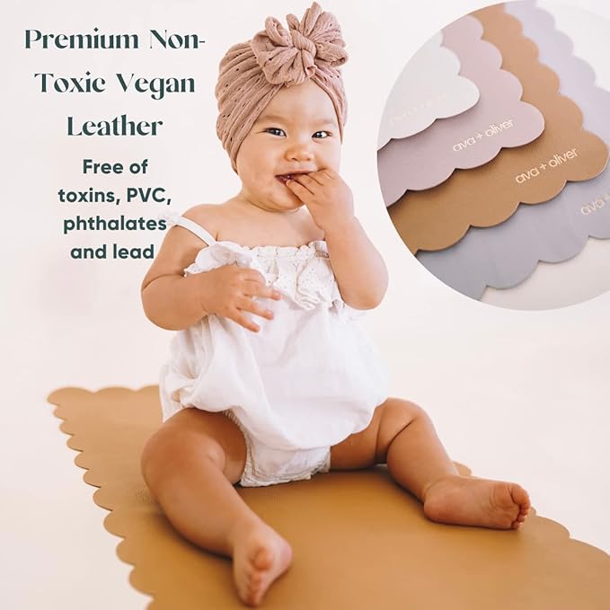 Ava + Oliver Vegan Leather Baby Changing Mat (16 X 30 in) - Multipurpose Wipeable and Portable Diaper Changing Pad - Foldable for Travel (Grey Scallop)
