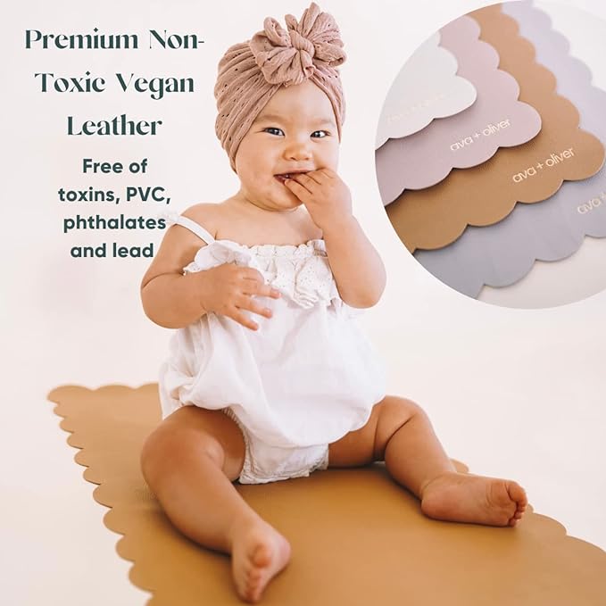 Ava + Oliver Vegan Leather Baby Changing Mat (16 X 30 in) - Multipurpose Wipeable and Portable Diaper Mat - Foldable for Travel (Pink Scallop)