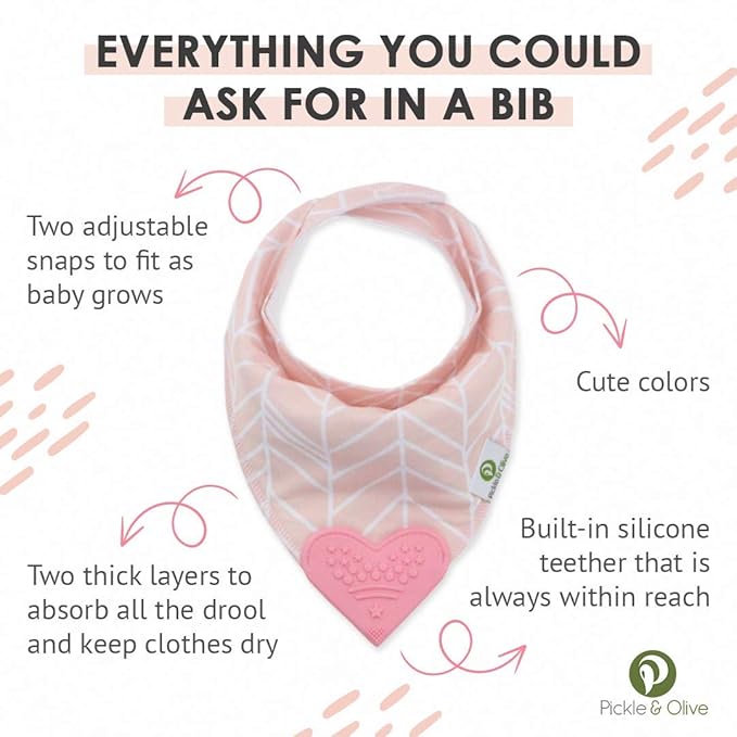 Baby Girl Bandana Teething Bibs - Attached Heart Teether - Set of 4 - Pink