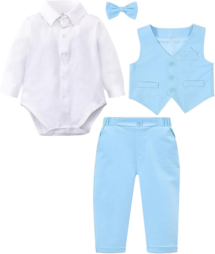 A&J DESIGN Baby Boy Suits Clothes Infant Toddler Formal Gentleman Outfits, Dress Shirt + Vest + Bow Tie + Pants Wedding Set