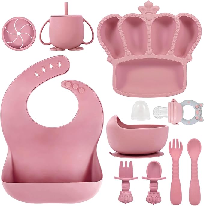 Silicone Baby Feeding Set 10 Pcs Baby Led Weaning Supplies Suction Bowl Divided Plate Baby Bibs Fruit feeder Pacifier Baby Spoons Forks Sippy Cup Utensil Sets Baby Essentials for Newborn （Deep Pink）