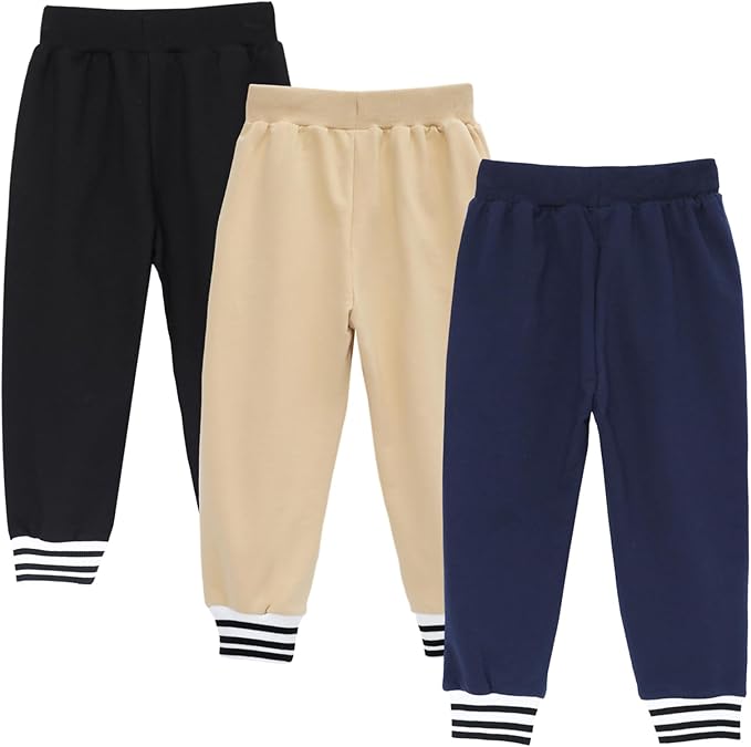 HILEELANG Toddler Boys Cotton Jogger Sweatpants 3 Pack, Soft Adjust Elastic Waist Pants with Pockets, Sizes 12M-7T