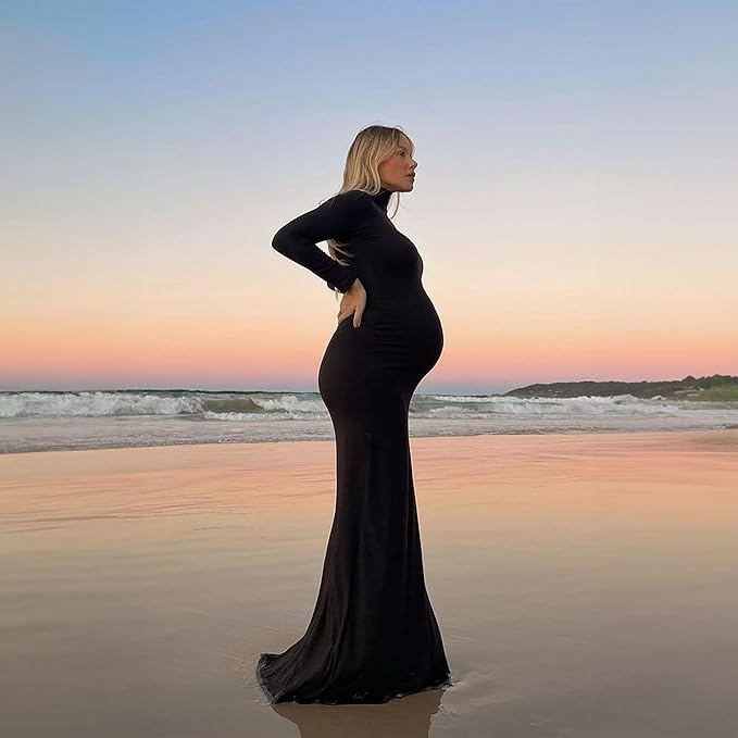 BUMPSUIT Maternity Maxi Dress Thigh High Slit, Women Long Sleeve Soft Stretchable Fabric Turtleneck Bodycon Pregnancy Dress