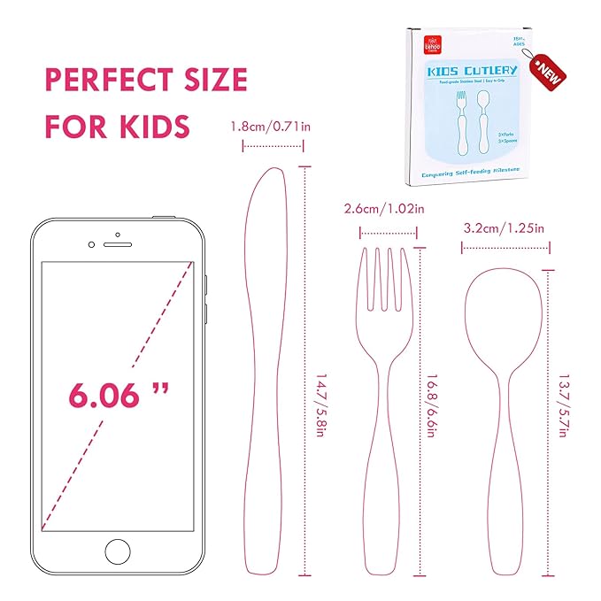 Lehoo Castle 6 Pieces Toddler Utensils, Kids Silverware for 2 3 4 Years Old, Stainless Steel Knife Fork and Spoon Set with Plastic Handle, Safe Toddler Cutlery (Pink)