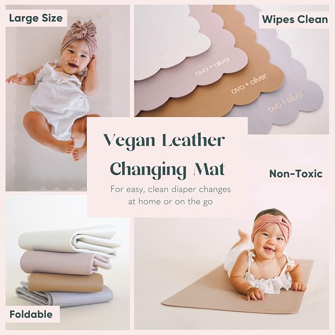 Ava + Oliver Vegan Leather Baby Changing Mat (16 X 30 in) - Multipurpose Wipeable and Portable Diaper Changing Pad - Foldable for Travel (Cream)