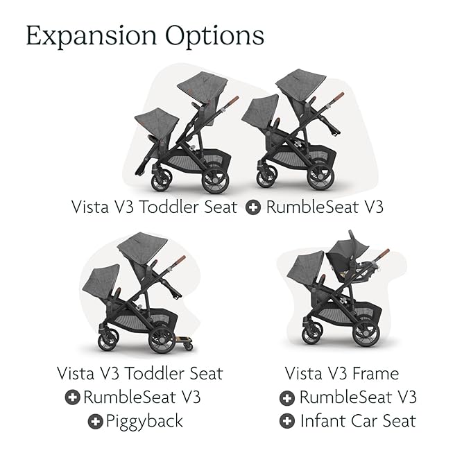 UPPAbaby RumbleSeat V3 Second Lower Seat - Compatible with Vista V2 and Vista V3 - All-Weather Seat + Magnetic Buckle – Adapters Included - Greyson (Charcoal Mélange/Carbon Frame/Saddle Leather)