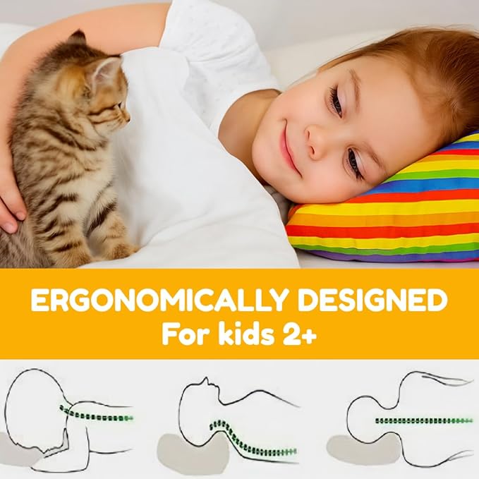 kinder Fluff Pre-Teen Pillow (2Pack) 17x26in - Pillows for Kids Age 12+, 100% Cotton Sateen Stripes 300T, Down Alternative Fill, Machine Washable - Children, Decor & Travel Cushion - Rainbow - XL