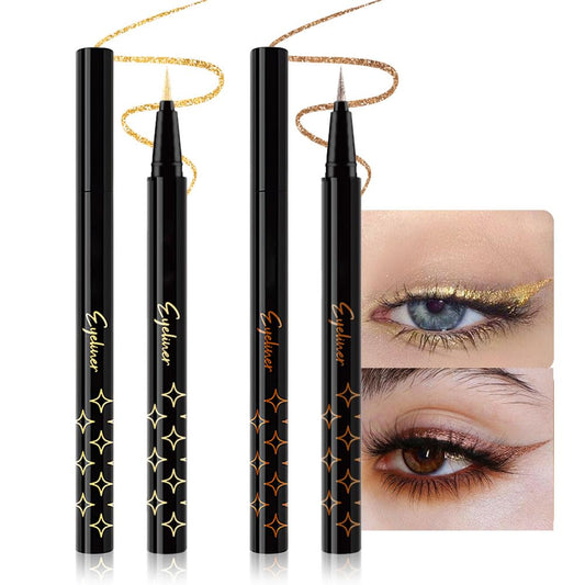 evpct 2Pcs Gold & Bronze Glitter Glittering Diamond Liquid Eyeliner Eye Makeup Pencil Set, Sparkle Shimmer Colored Eyeliner Pen Waterproof Smudge Proof Long Lasting High Pigmented
