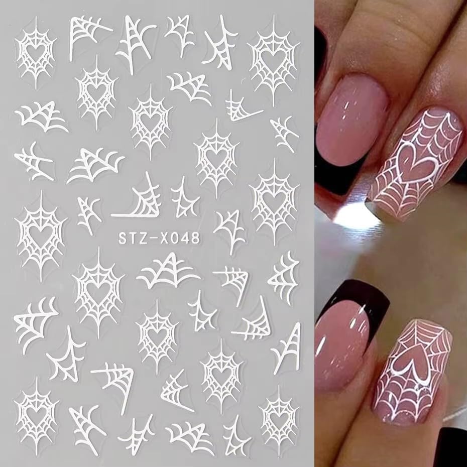 Halloween Nails Stickers Black Spider Web Nails Sticker 3D Embossed White Web Self Adhesive Sticker Nail Decals Black White Heart Web Nail Art Decals Halloween Decals for Nail DIY Manicure 4Sheet
