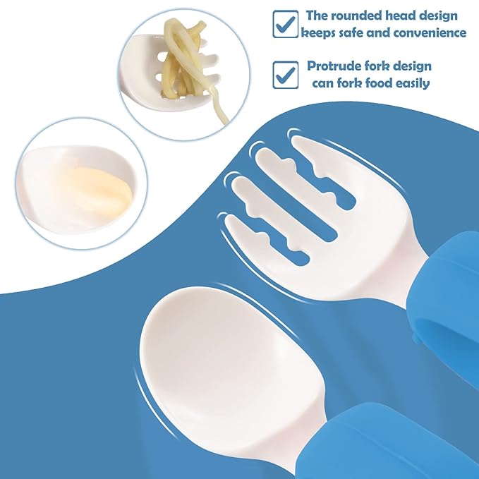 Baby Self Feeding Training Spoon and Fork Set with Travel Case, BPA-Free Cute Circle Toddler Training Utensils, Silicone/ABS Great Tableware Set Spoons Fork for Kids (Blue)