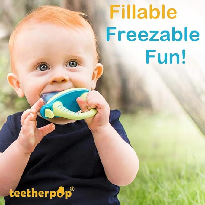 Teetherpop Fillable Silicone Teether for Babies – Breastmilk Popsicle Molds for Teething with Spill-Proof Sippy Slits – Freezable Baby Teethers for Liquids & Purées - Cooling Relief (4-Pack-Blues)