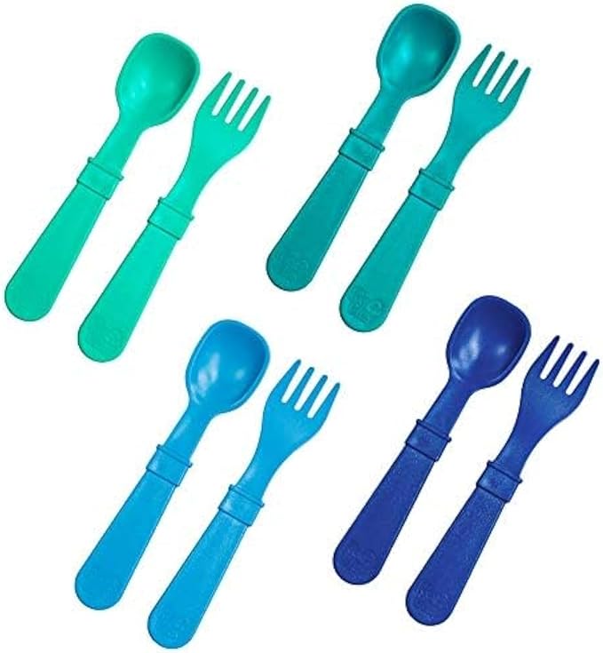 Re-Play Toddler Forks and Spoons Set - 4x4 Utensils Set for Kids - Dishwasher and Microwave Safe - Made in USA - Set of 8-5.8" x 1.2" x 0.2" - A True Blue