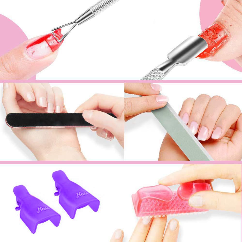 Gel Nail Polish Remover Kit, Keepzi 10Pcs Fingernail Clips, 540Pcscotton Wipes Pads, A Pump Bottle, Nail Cleanser Brush, 2Pcs Grit Nail Set and Stainless Steel Remover Scraper and Pusher - Purple
