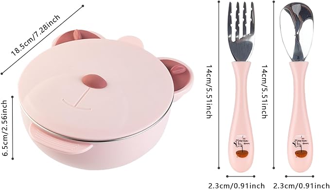 Stainless Steel Baby Feeding Bowl, Toddler Suction Plate with Lid Spoon and Fork, Perfect for Children (Pink)