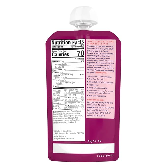 Cerebelly Organic Baby Food Pouches, Beet Carrot Blueberry Purees, 16 Nutrients, No Added Sugar, Fiber & Non-GMO, 4oz, 6 Pack