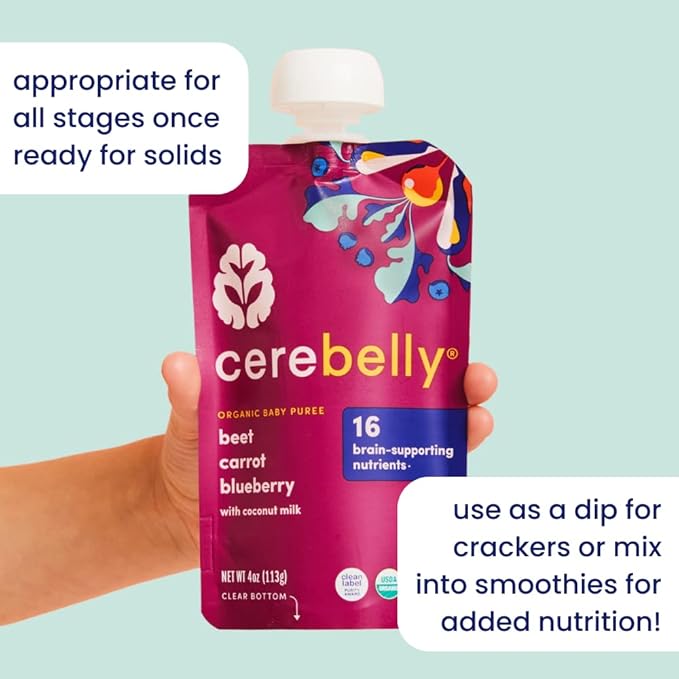 Cerebelly Organic Baby Food Pouches, Kale Sweet Potato Apple Purees, 16 Nutrients, No Added Sugar, Fiber & Non-GMO, 4oz, 6 Pack