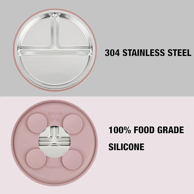 PandaEar Baby Feeding Set 4 Pcs, 2 Pack Stainless Steel Suction Plates & 2 Pack Spoons Set, Divided Plates for Baby Led Weaning Supplies, BPA-Free (Dark pink/Light pink)