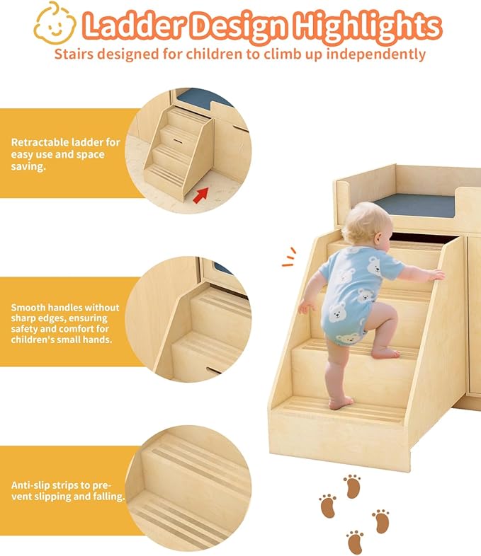 Wooden Baby Changing Table with Mirror, 100% Birch Plywood Toddler Diaper Changing Station with Stairs & Storage, Montessori Furniture for Daycare, Nursery, Home, School