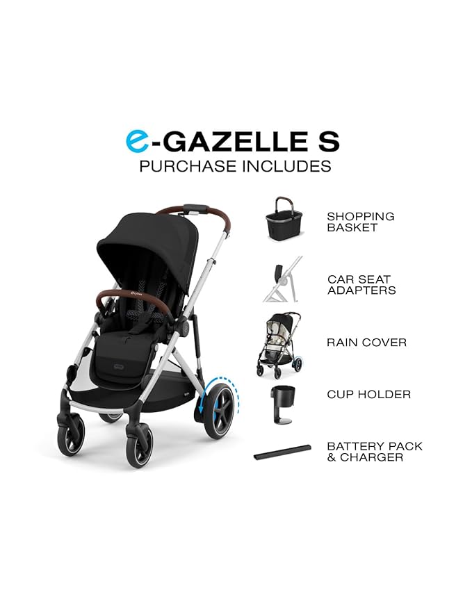 Cybex e-Gazelle S Electronic Assist Stroller – Gazelle S Single-to-Double Electric Stroller, Smart Assist, Rocking Mode, 20+ Configurations & Compact Fold, Moon Black with Silver Frame