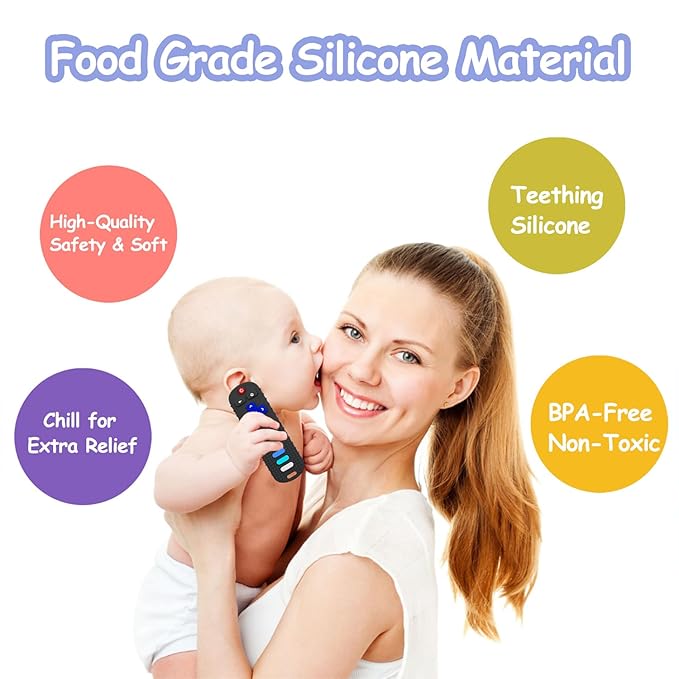 Baby Teething Toys, Food Grade Silicone Teether for Babies 3 6 12 18 Months, TV Remote Shape Toddlers Chew Toys, Freezer BPA Free (Purple+Khaki)