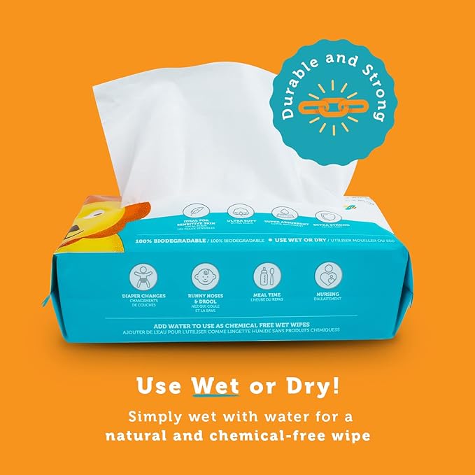 Whoopsie Wipes – The Original 100% Pure Cotton Dry Baby Wipes – Ultra Soft, Unscented, Chemical-Free Wipes for Sensitive Skin – Use Dry or Add Water for Wet Wipes – 6 Packs (600 Count)