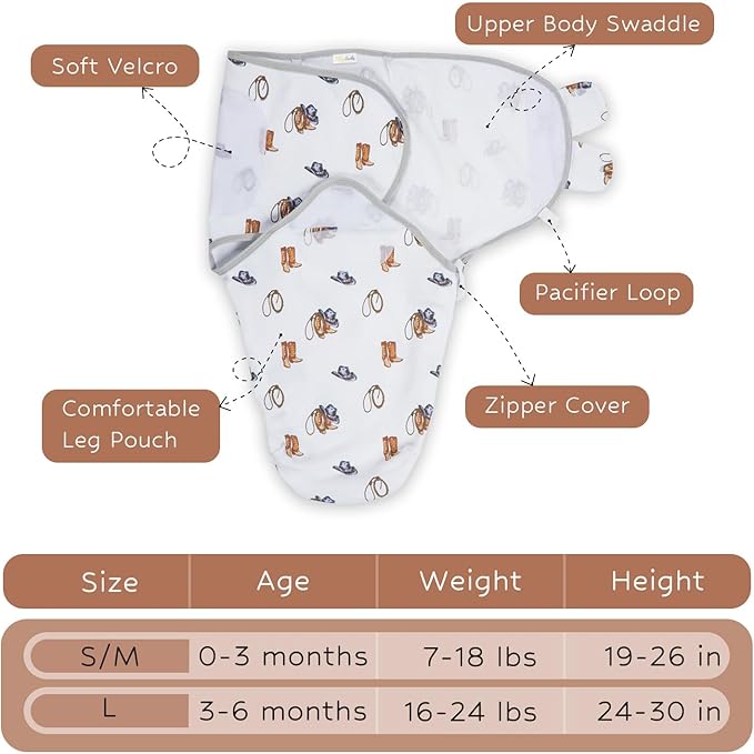 LollyBanks 100% Organic Cotton Baby Boy Essentials Swaddles 0-3 Months, Newborn Swaddle with Easy Change Zipper, Western Baby Swaddle Blanket Wrap (Cowboy Print)