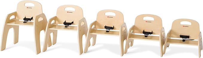 Foundations Simple Sitter Low Wood Feeding Chairs Multipack, Wide No-Tip Base, Adjustable Safety Harness, Stackable Wood Toddler Chairs with Food Service Grade Finish, 2 Pack (9 inch)