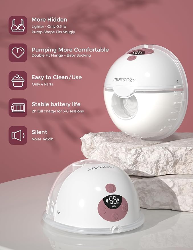 Momcozy M5 Hands-Free Wearable Breast Pump, Double-Sealed Flange for Baby-Like Comfort, 3 Modes & 9 Suction Levels, Portable Electric Pump – 24mm, 1 Pack Cozy Red